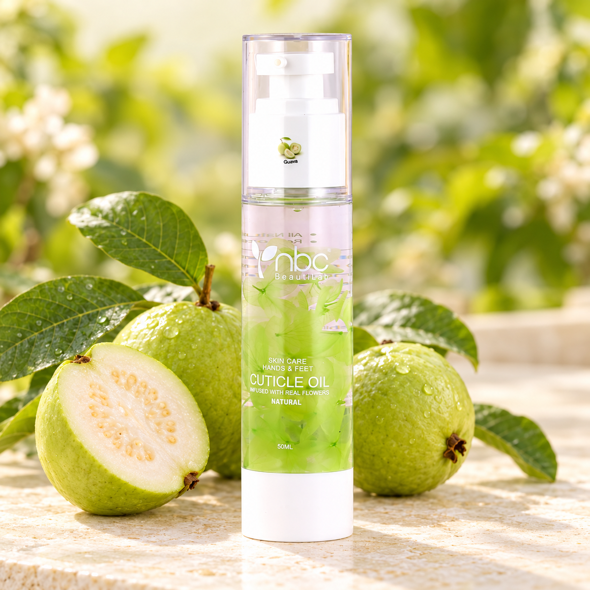 NBC BeautiLab Guava Cuticle Oil Essence 50 ml with a matching scent background