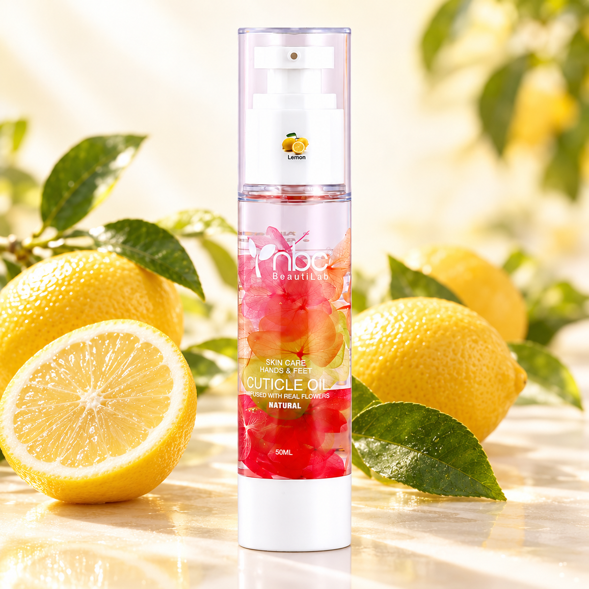 NBC BeautiLab Lemon Cuticle Oil Essence 50 ml with a matching scent background
