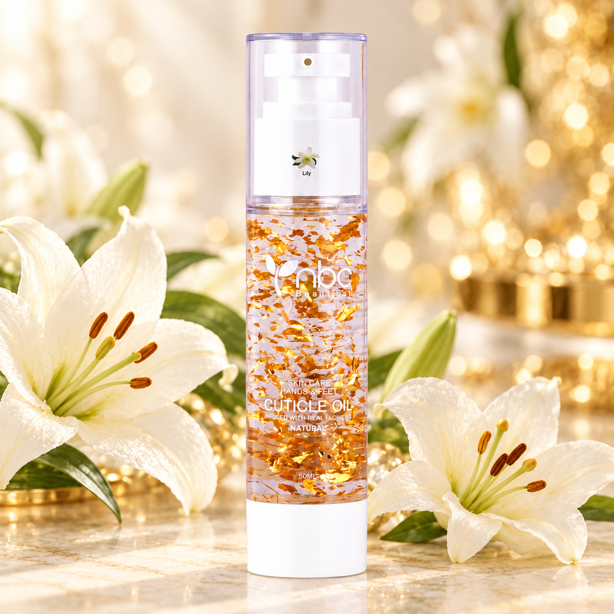 NBC BeautiLab Lily Gold Flakes Cuticle Oil Essence 50 ml with a matching scent background