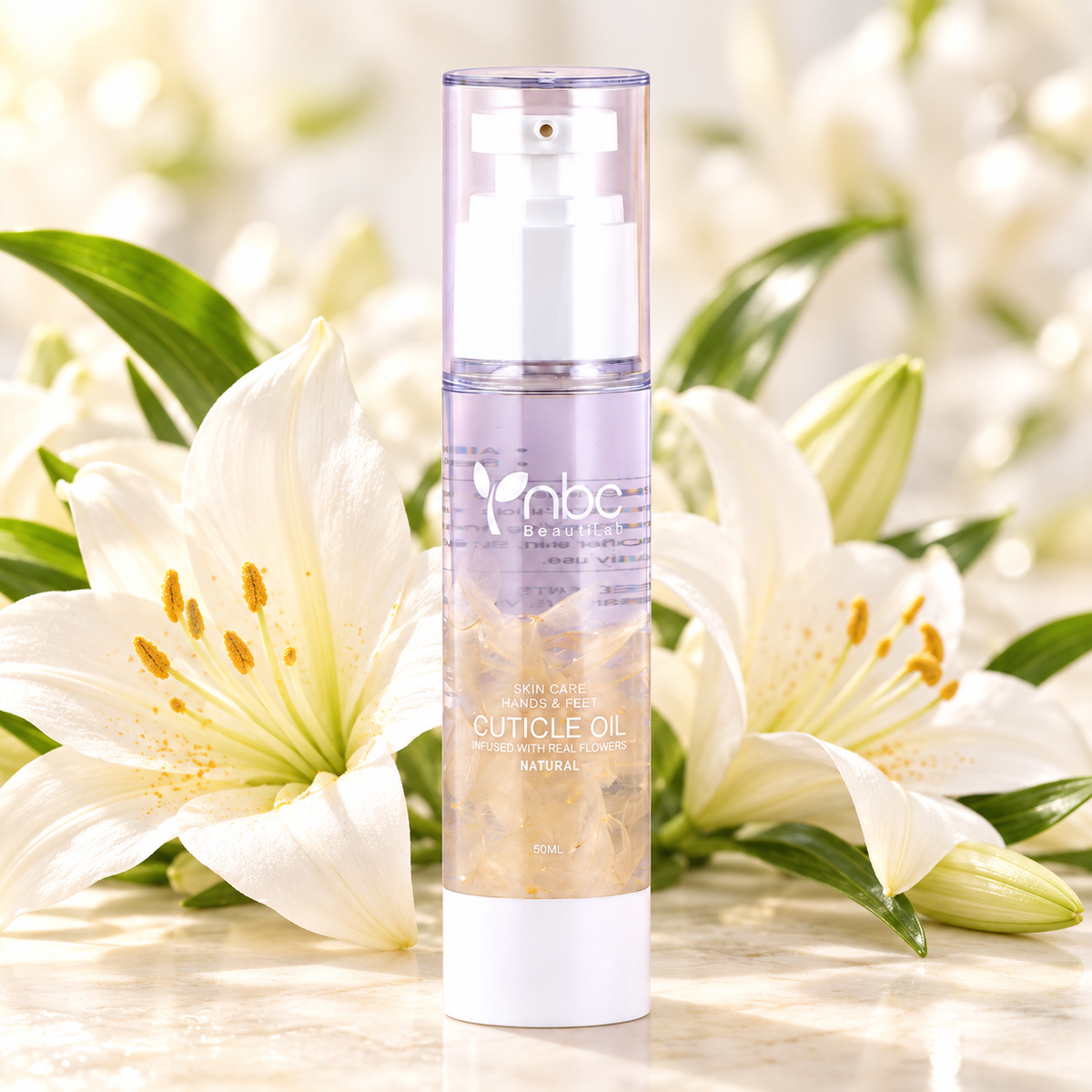 NBC BeautiLab Lily Cuticle Oil Essence 50 ml with a matching scent background