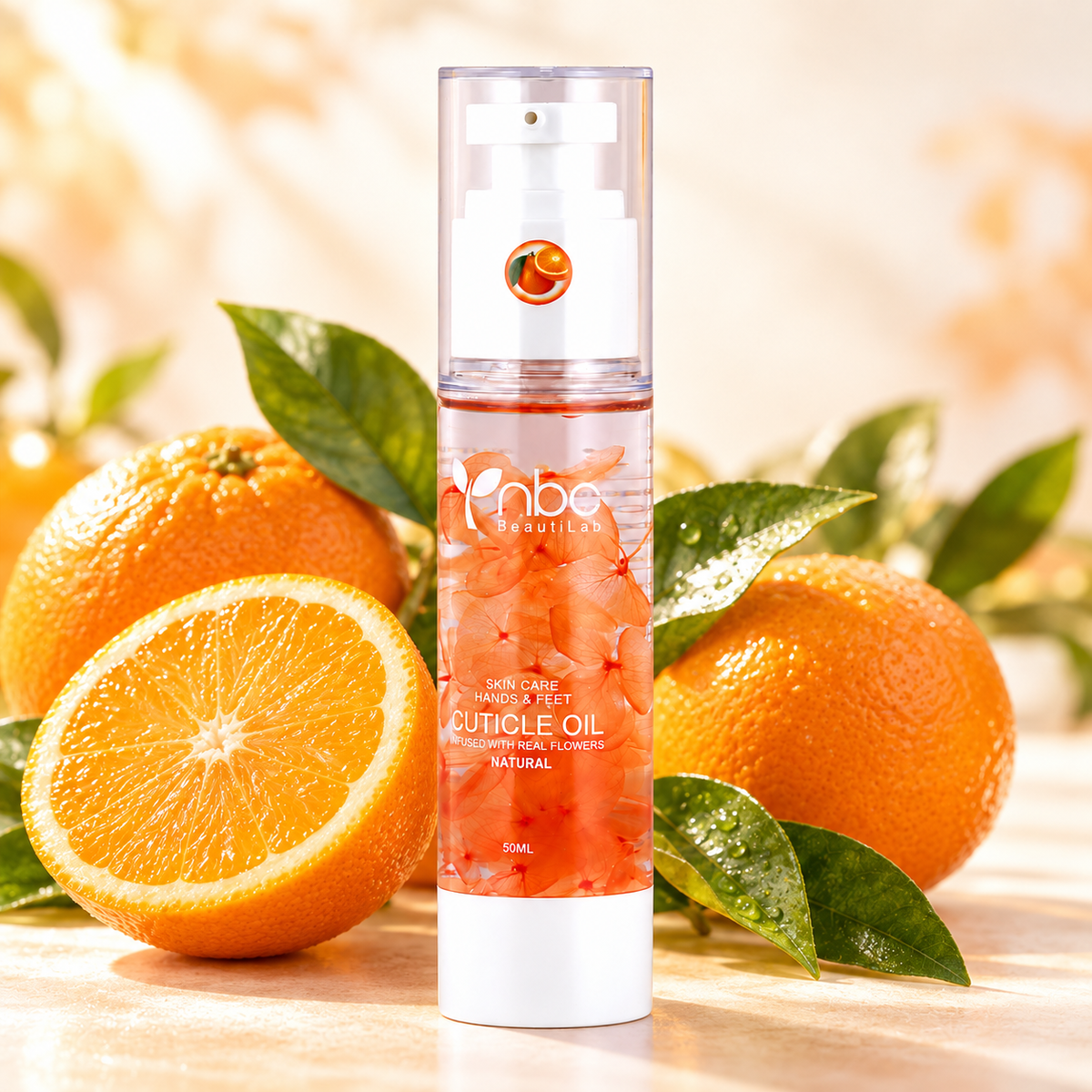 NBC BeautiLab Orange Cuticle Oil Essence 50 ml with a matching scent background