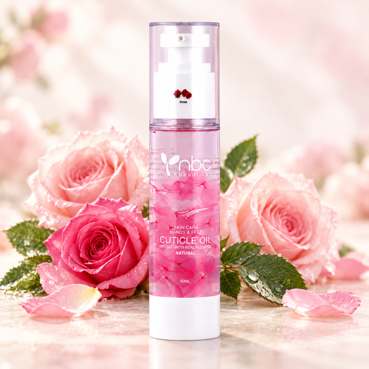 NBC BeautiLab Rose Cuticle Oil Essence 50 ml with a matching scent background