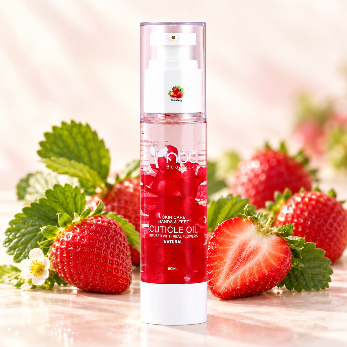 NBC BeautiLab Strawberry Cuticle Oil Essence 50 ml with a matching scent background
