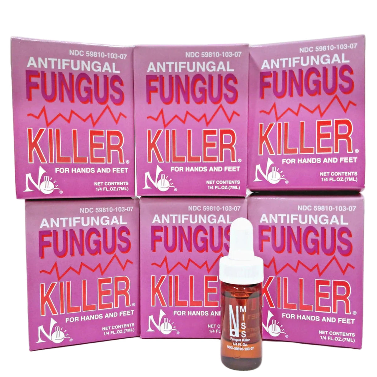 No Miss Antifungal Fungus Killer — 6 bottles total, 0.25 fl oz / 7 mL each; loose bottle illustrates contents