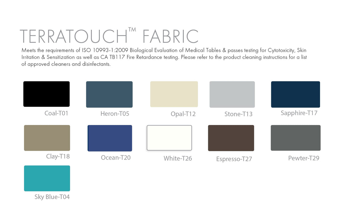 Official Oakworks TerraTouch chart — this cushion is offered in Coal T01 and Opal T12