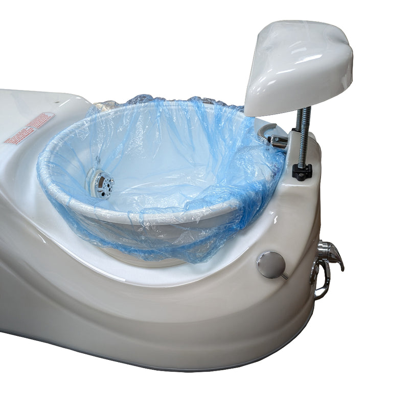 Application example: a blue disposable liner fitted in a pedicure basin. Basin not included; actual fit may vary.