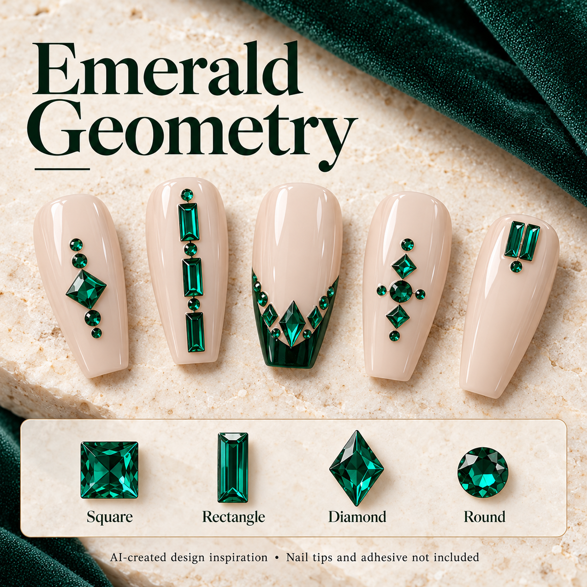 Emerald square, rectangle and diamond rhinestone nail art design inspiration