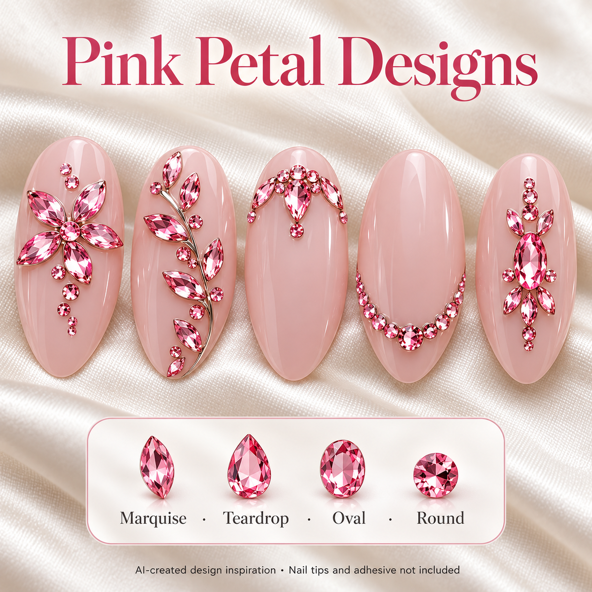 Pink flower, leaf and teardrop nail art design inspiration
