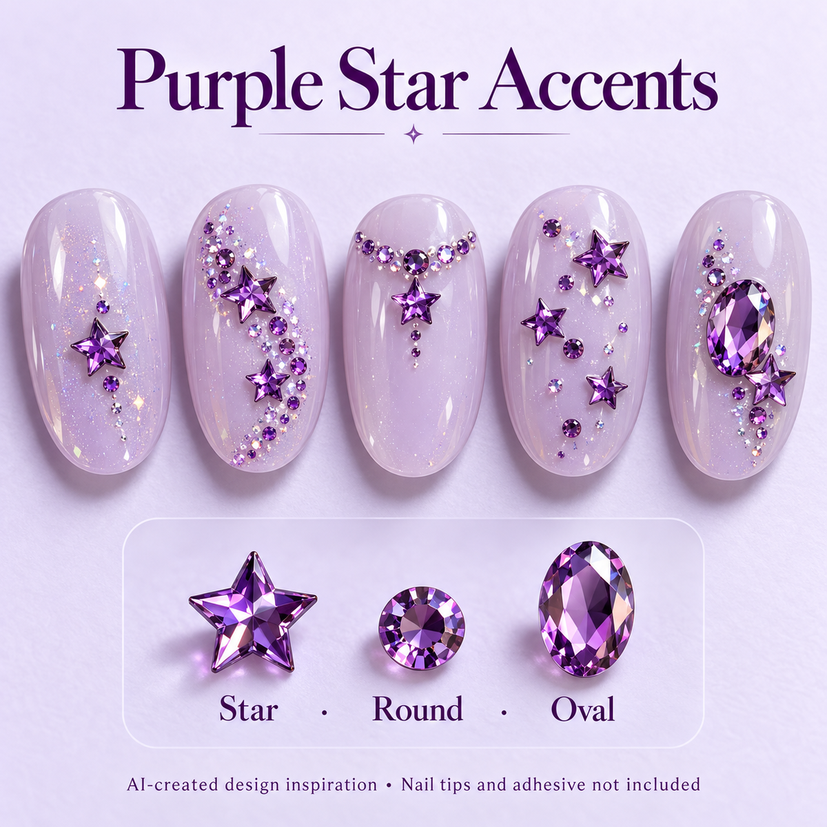 Purple star, round and oval rhinestone nail art design inspiration