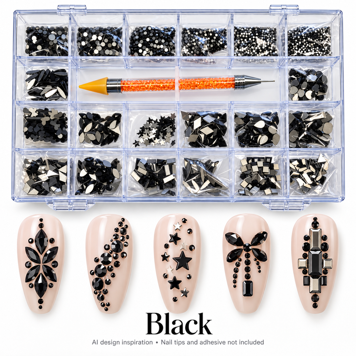 Black rhinestone kit with AI nail art inspiration; decorative accents, nail tips and adhesive not included