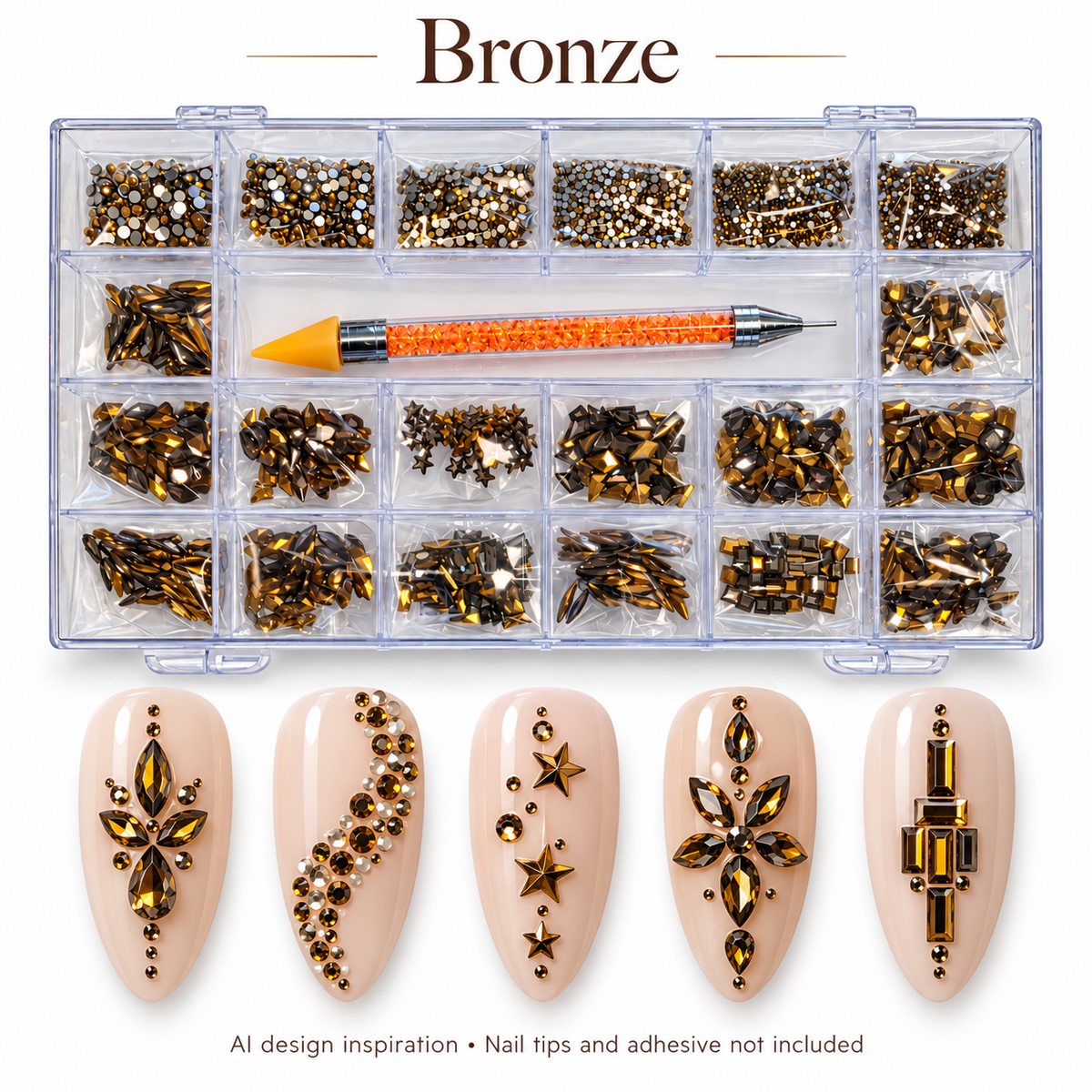 Bronze rhinestone kit with AI nail art inspiration; decorative accents, nail tips and adhesive not included