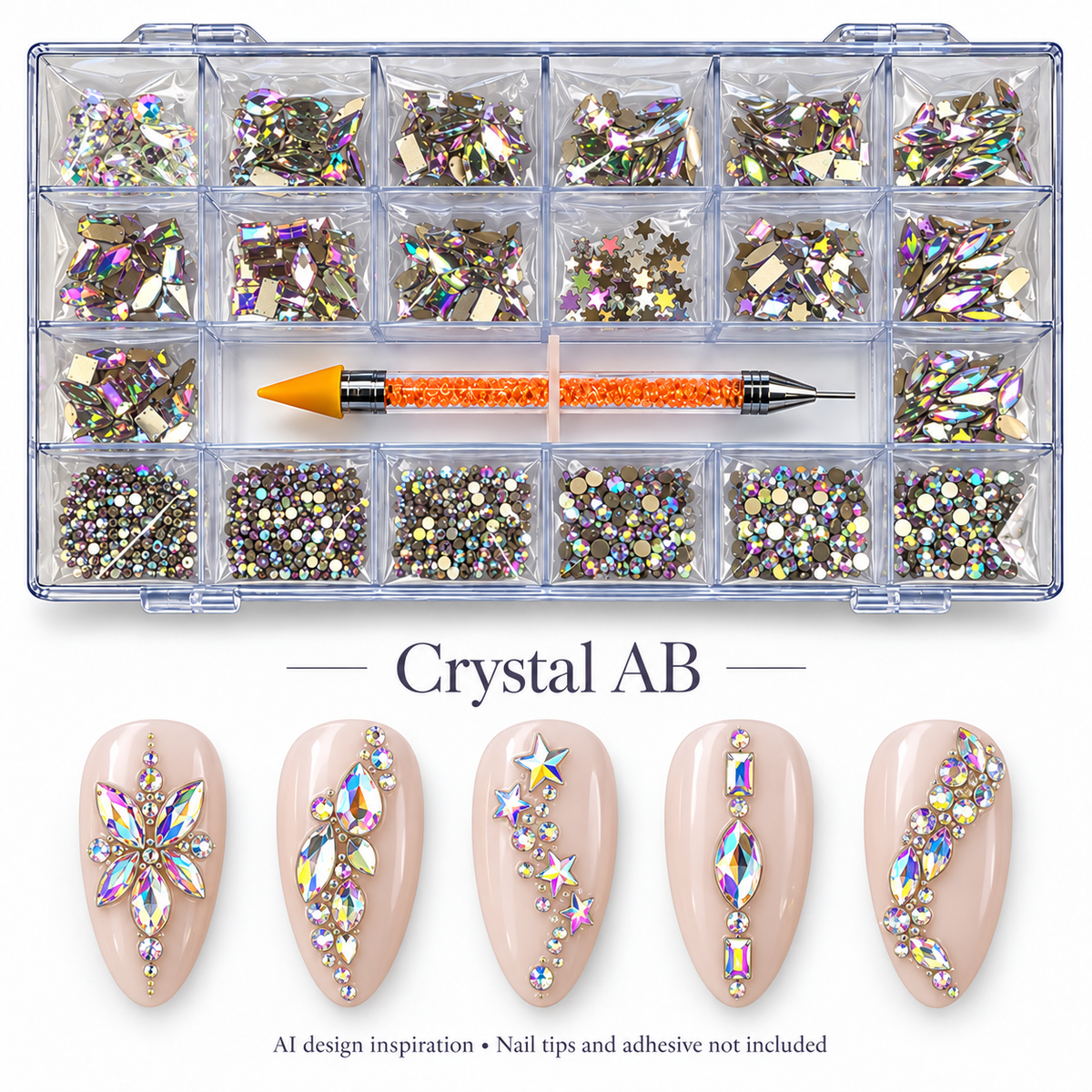 Crystal AB rhinestone kit with AI nail art inspiration; decorative accents, nail tips and adhesive not included