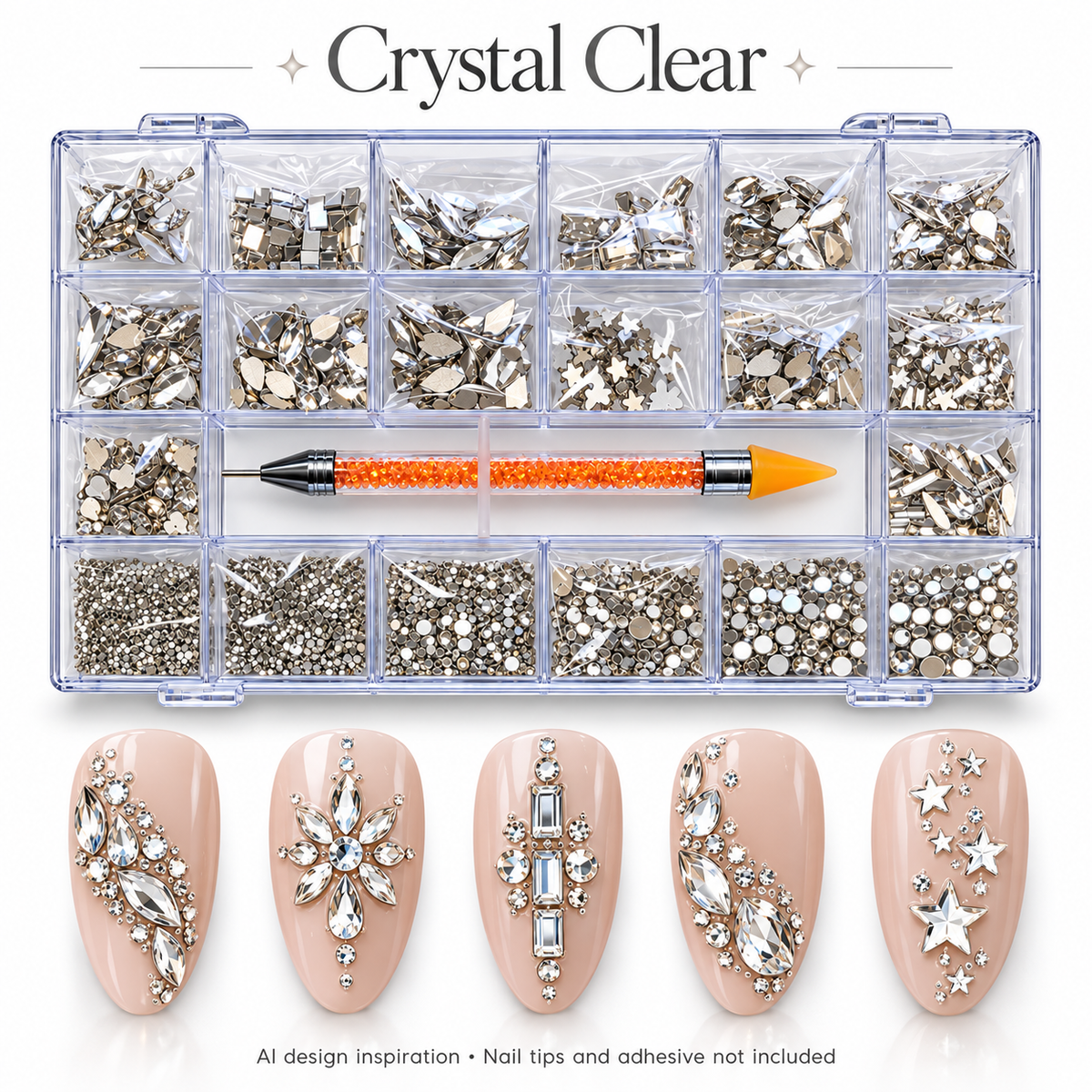 Crystal Clear rhinestone kit with AI nail art inspiration; decorative accents, nail tips and adhesive not included