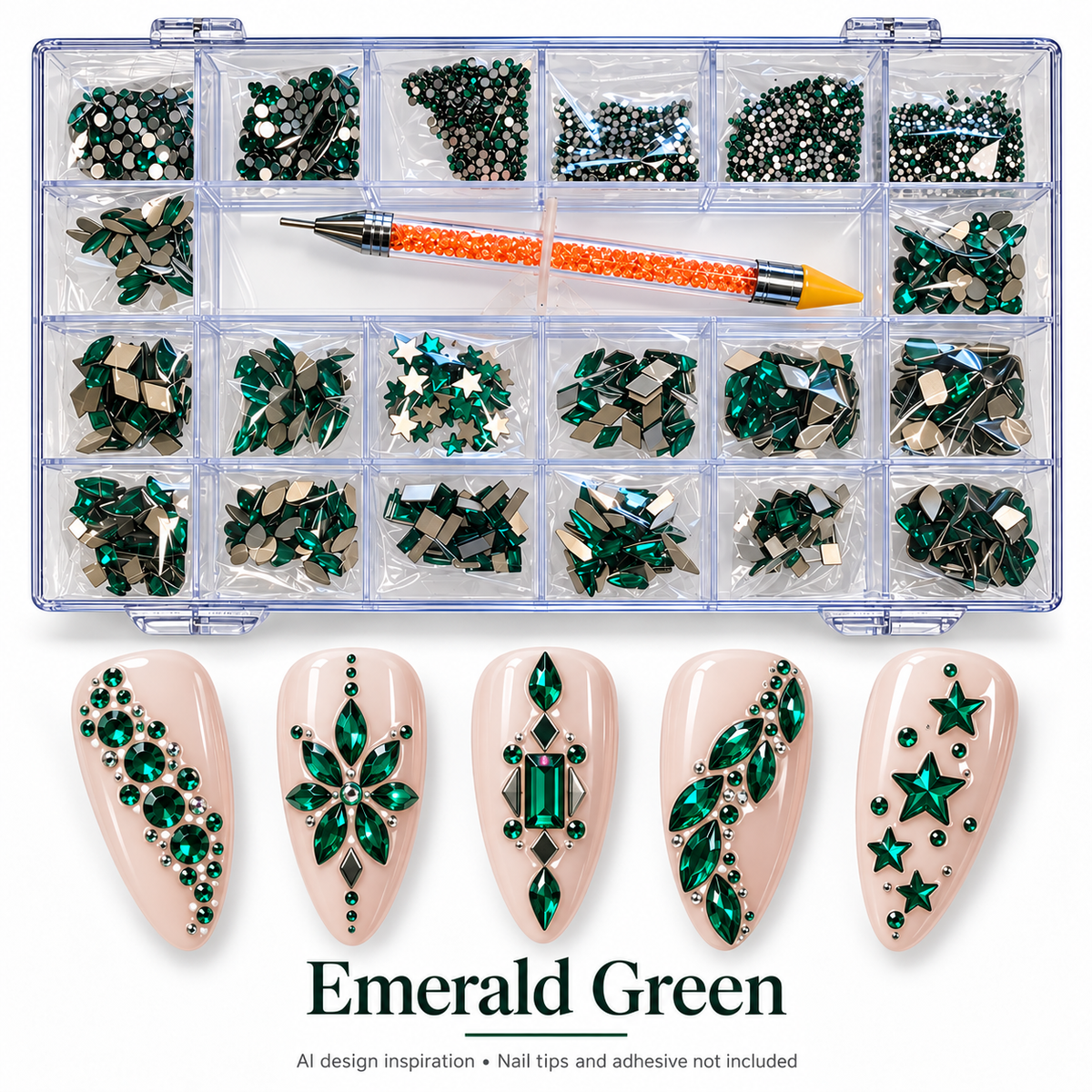 Emerald Green rhinestone kit with AI nail art inspiration; decorative accents, nail tips and adhesive not included
