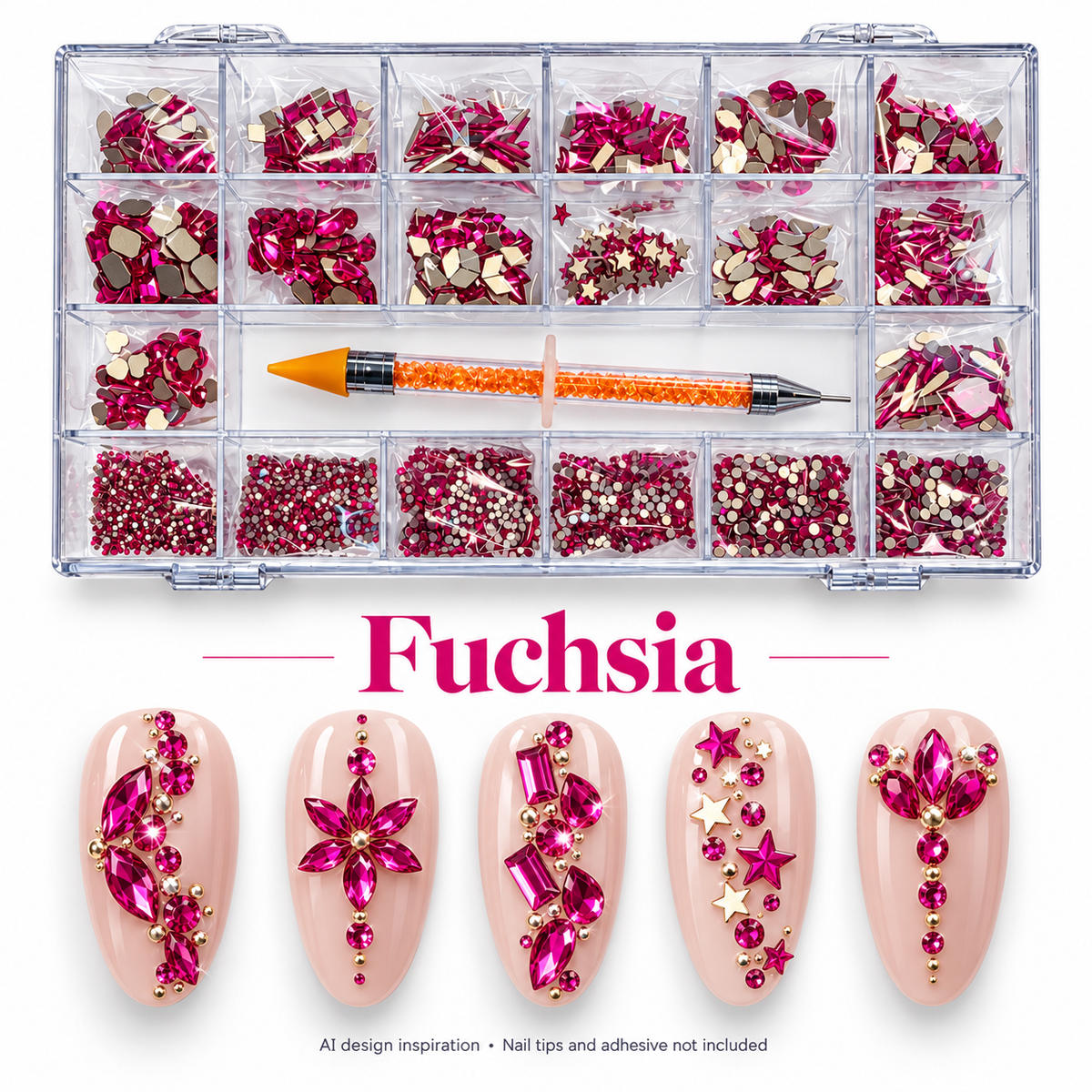 Fuchsia rhinestone kit with AI nail art inspiration; decorative accents, nail tips and adhesive not included