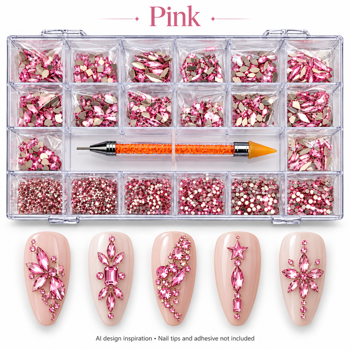 Pink rhinestone kit with AI nail art inspiration; decorative accents, nail tips and adhesive not included