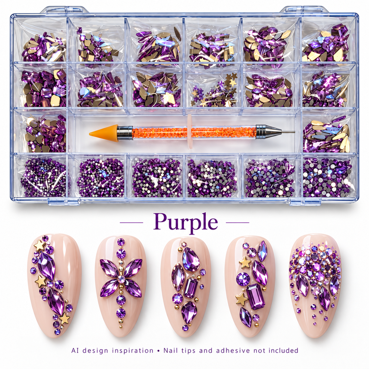 Purple rhinestone kit with AI nail art inspiration; decorative accents, nail tips and adhesive not included
