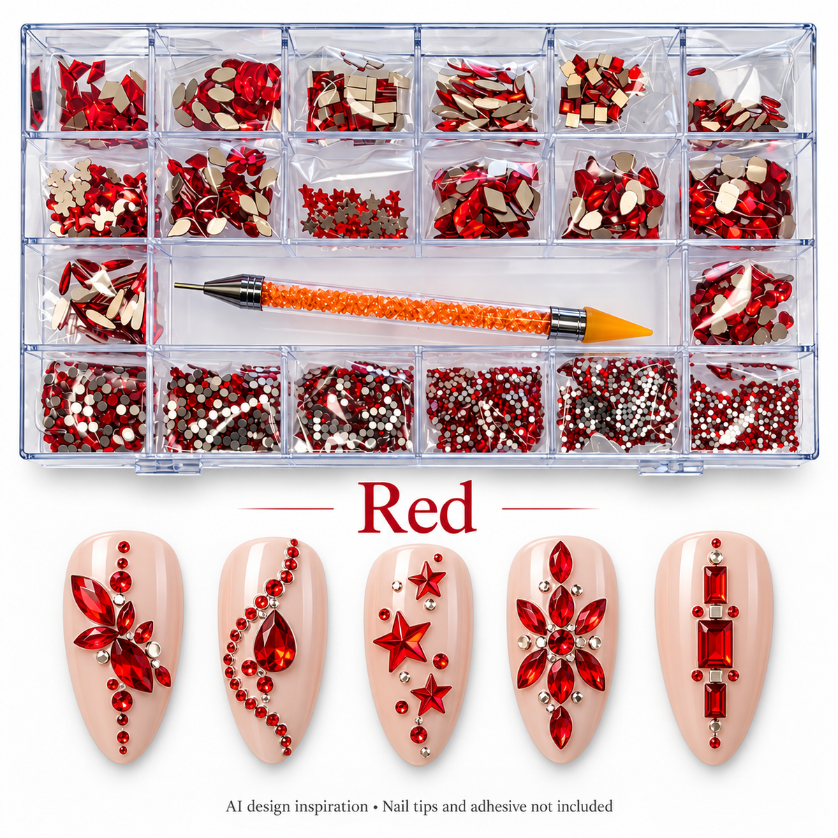 Red rhinestone kit with AI nail art inspiration; decorative accents, nail tips and adhesive not included