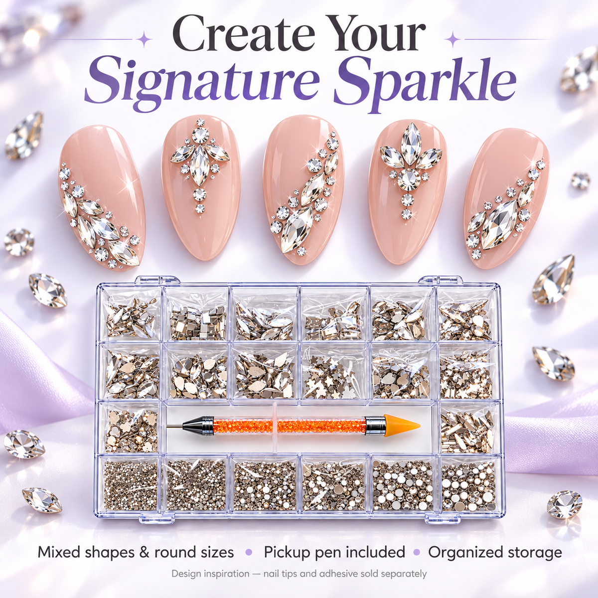 Illustrative crystal nail art designs and kit features; nail tips and adhesive sold separately