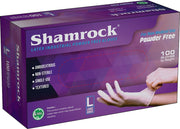 Shamrock white latex powder-free gloves, 100-count purple box; representative package shown in Large