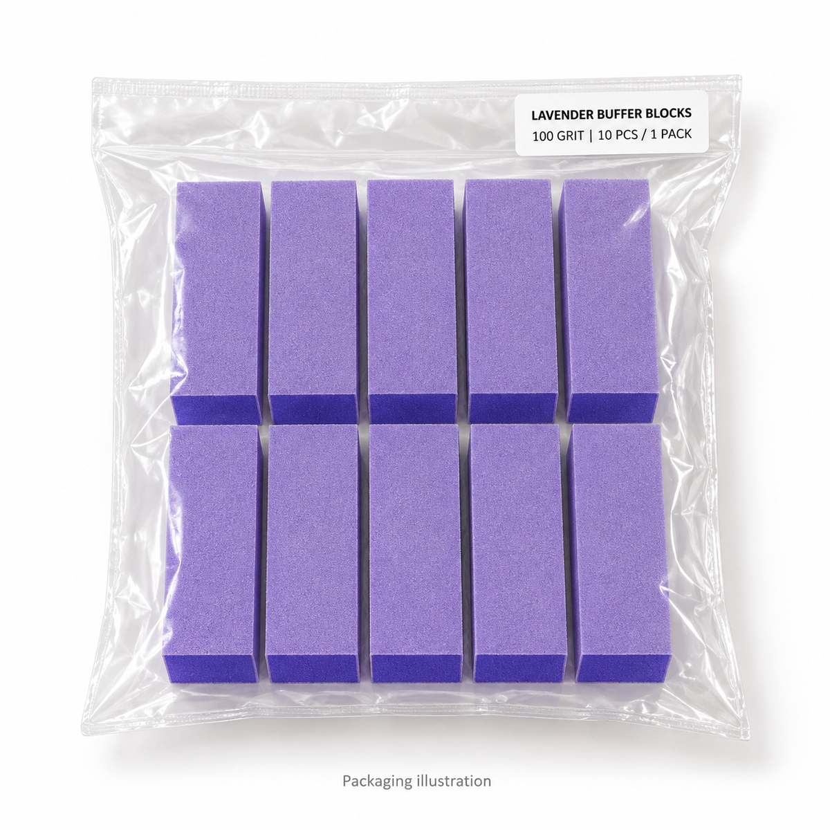 Packaging illustration — 10 lavender buffer blocks in a clear bag