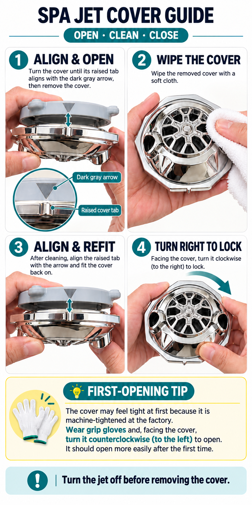Chrome cover version — English opening, cleaning and locking guide