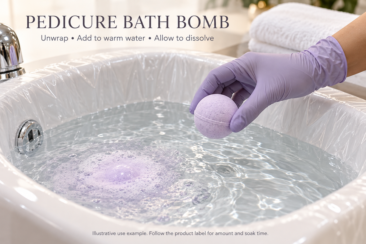 Illustrative use example — unwrapped bath bomb in warm pedicure water