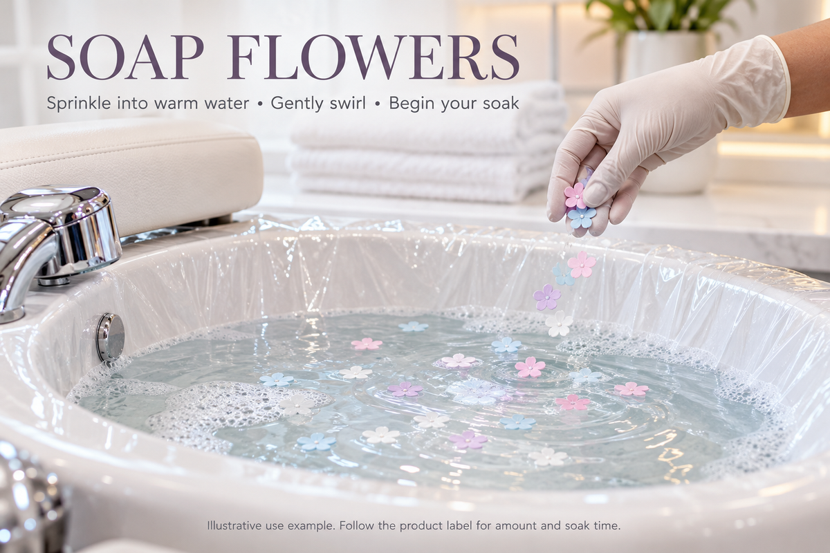Illustrative use example — soap flowers in warm pedicure water