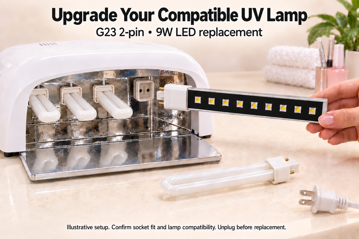 AI-created illustrative UV lamp upgrade scene with level fluorescent tubes and G23 replacement socket. Verify actual lamp compatibility and unplug before replacement.