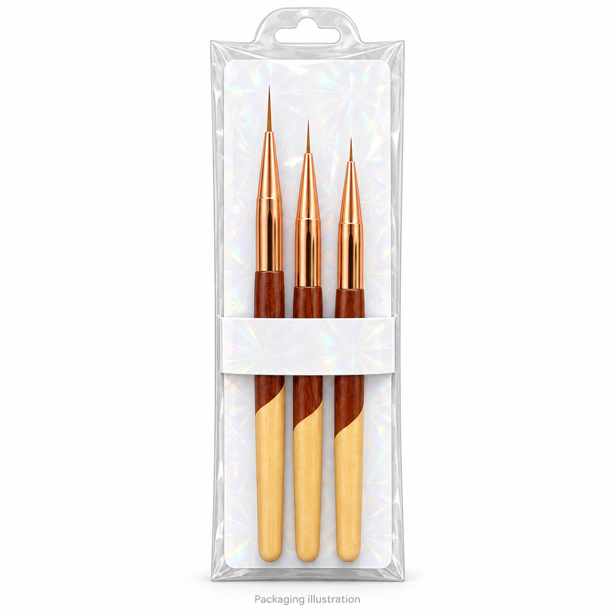 Two-tone wooden liner brush set of 3 — unbranded packaging illustration