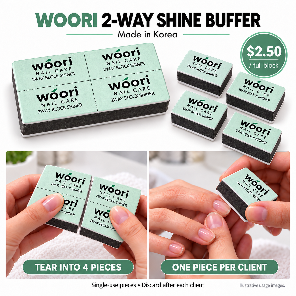 Approved Woori 2-Way Shine Buffer guide — clean hand separation into four pieces and thin white polishing surface; $2.50 per full block.