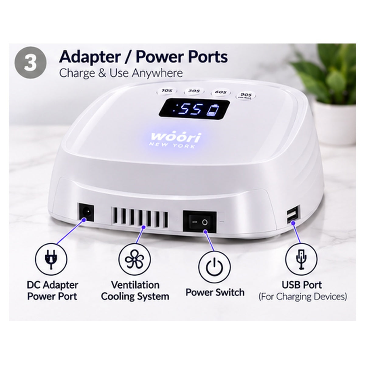 WOORI 96W cordless UV LED nail lamp adapter and power ports