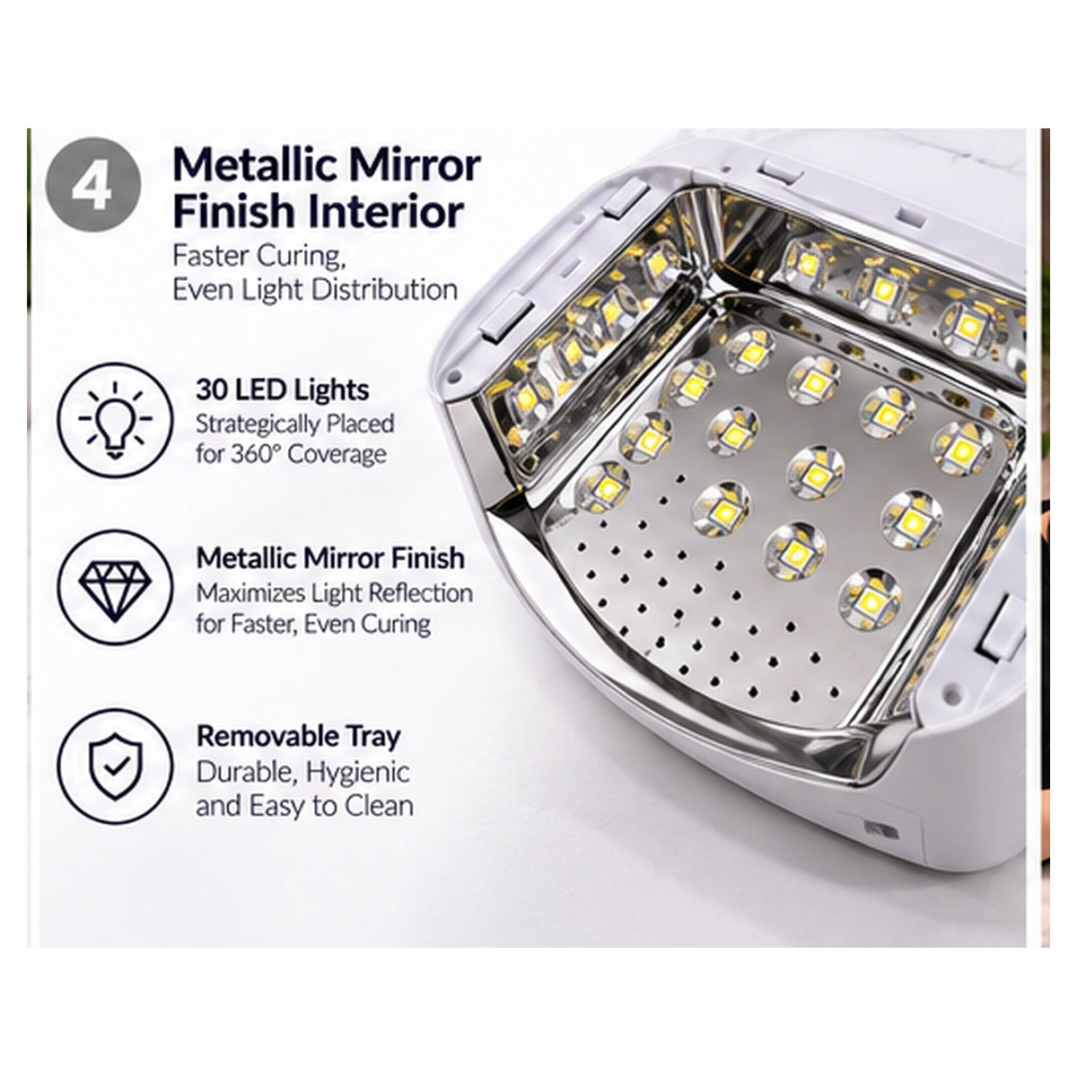 WOORI 96W cordless UV LED nail lamp metallic mirror interior with 30 LEDs
