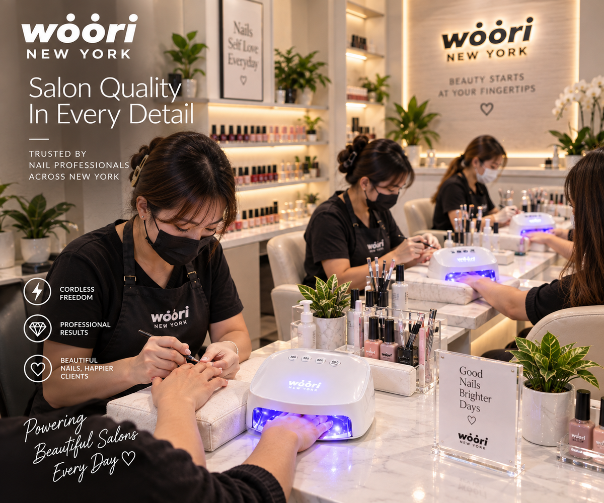 WOORI 96W cordless UV LED nail lamps in a professional nail salon