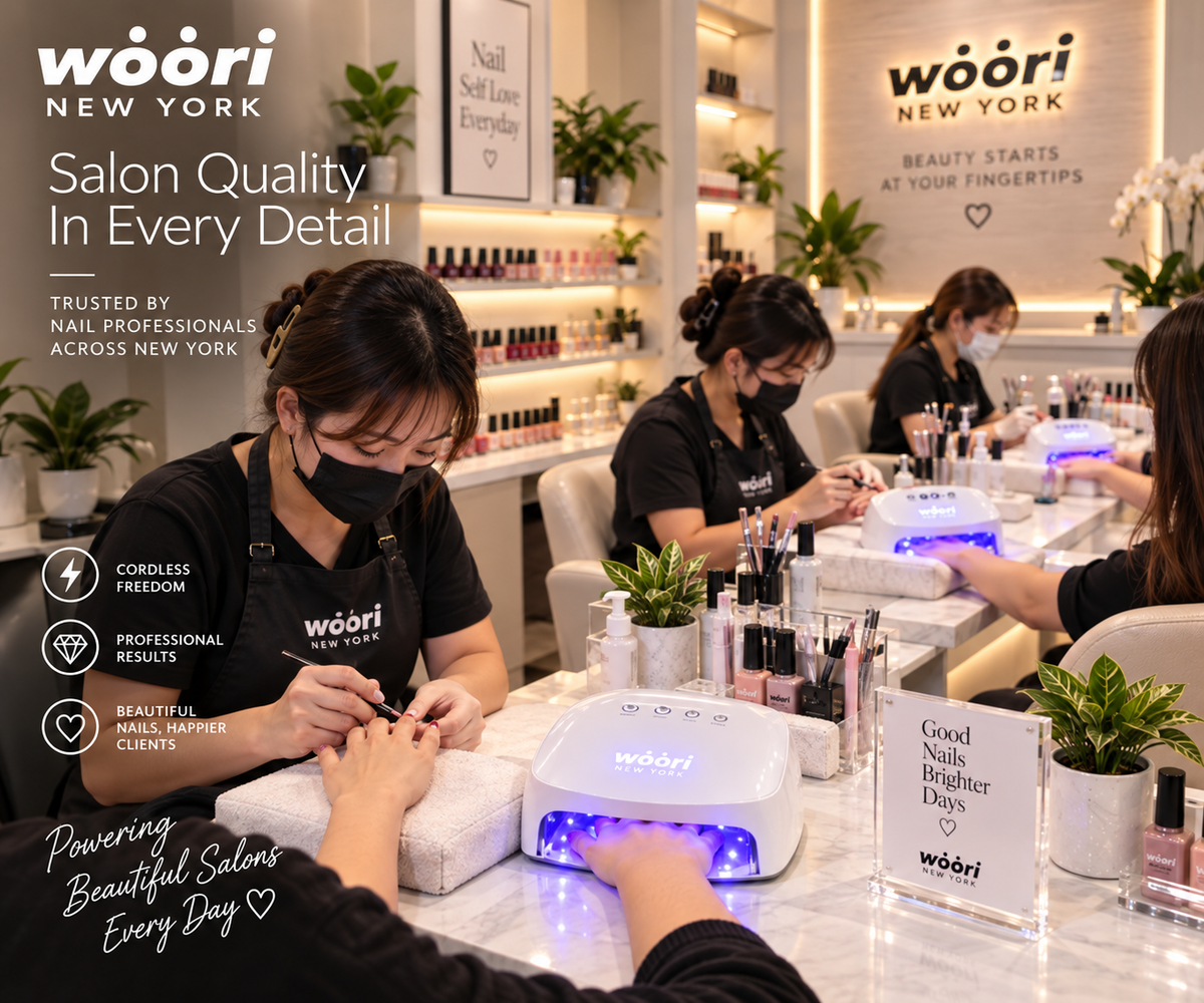 WOORI 96W cordless nail lamps — illustrative salon use with natural customer hand positioning