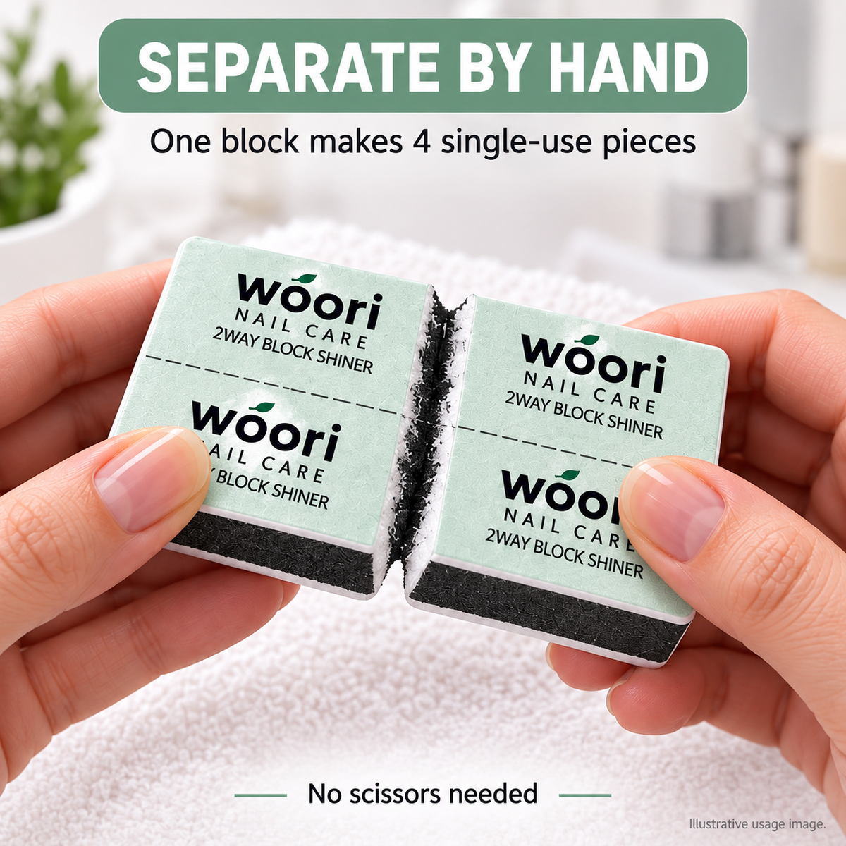 Illustrative demonstration: Woori buffer separates by hand into four single-use pieces without scissors