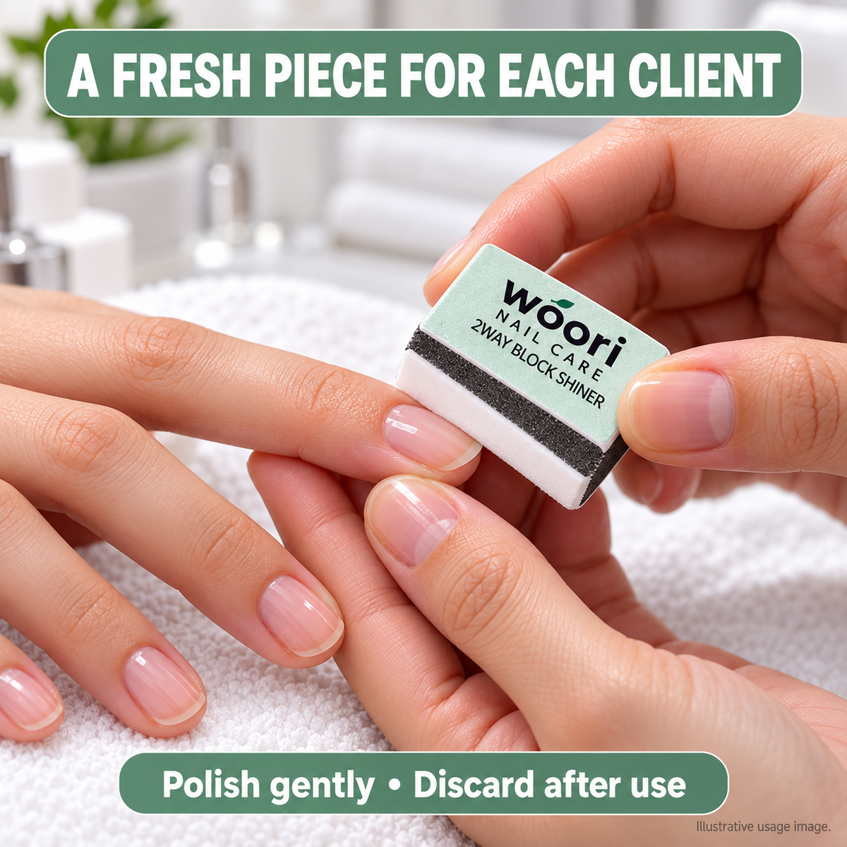 Illustrative demonstration: a fresh quarter-piece of Woori shine buffer used on a natural fingernail