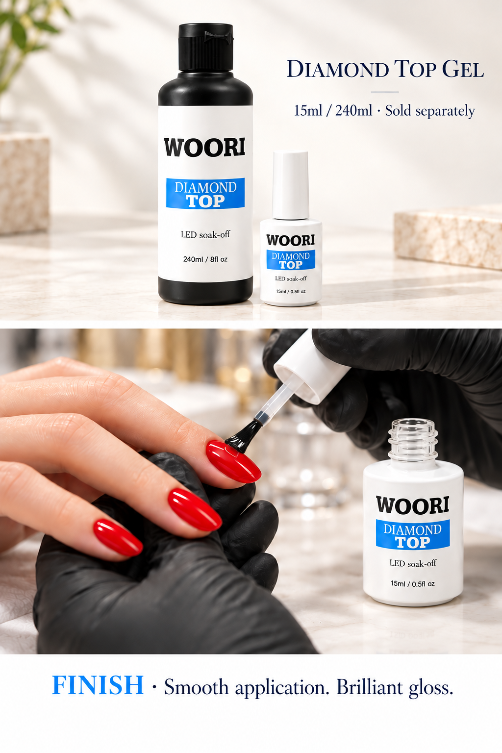 WOORI Diamond Top Gel 15ml and 240ml with AI-styled clear top gel application over glossy red nails. Sizes sold separately.