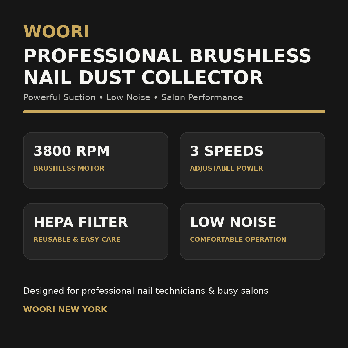 WOORI Professional Brushless Nail Dust Collector 3800RPM features: 3 speeds, reusable HEPA filter, low-noise operation