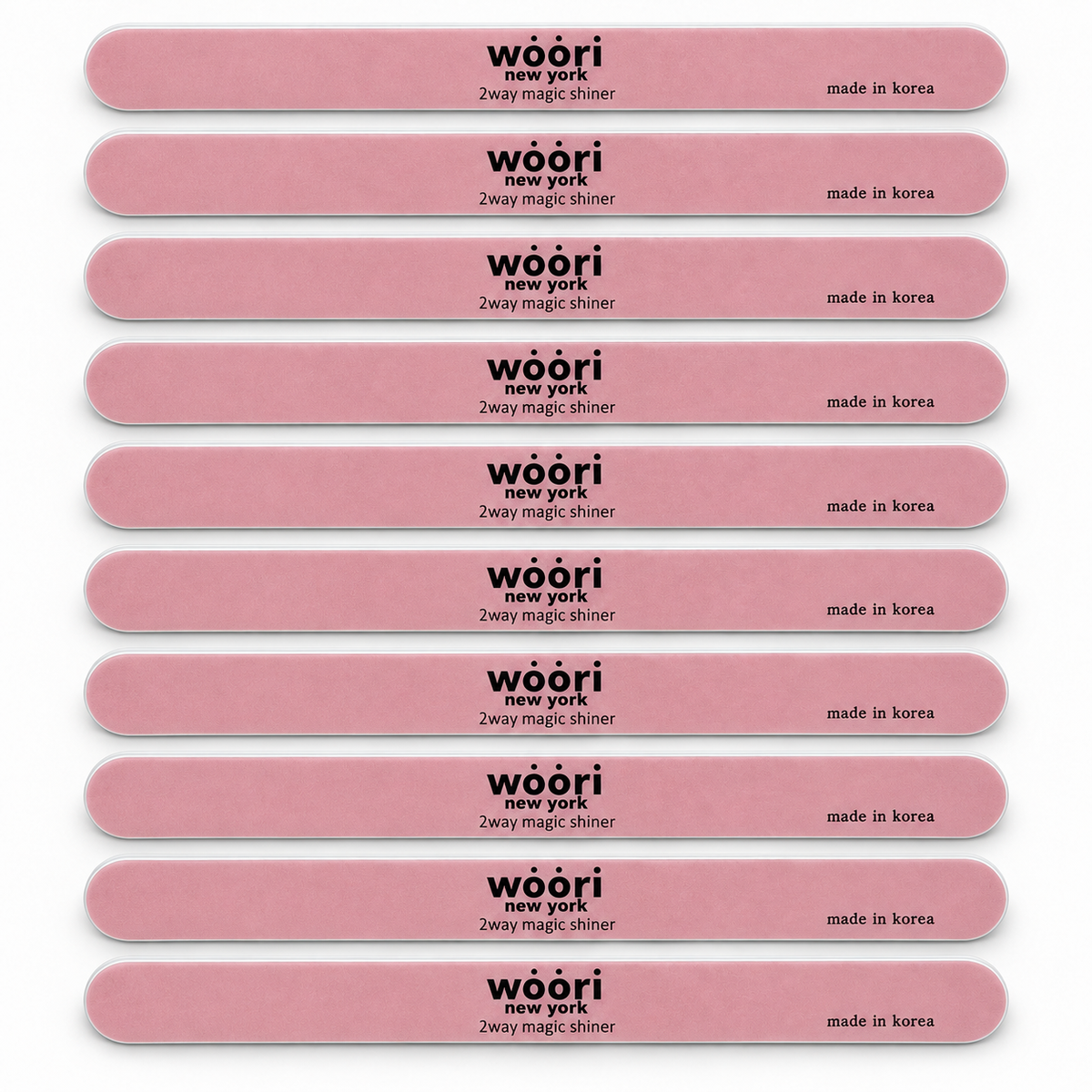 Ten Woori pink two-way file shiners arranged individually; contents illustration, packaging not shown