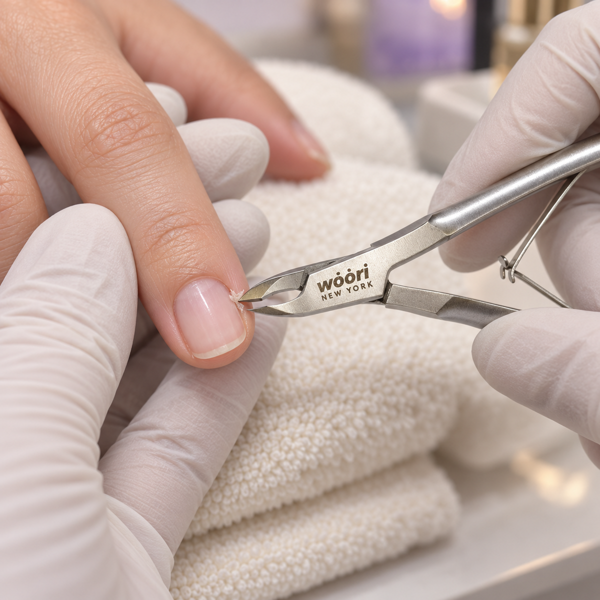 AI-generated illustration of Woori cuticle nipper used during a salon manicure