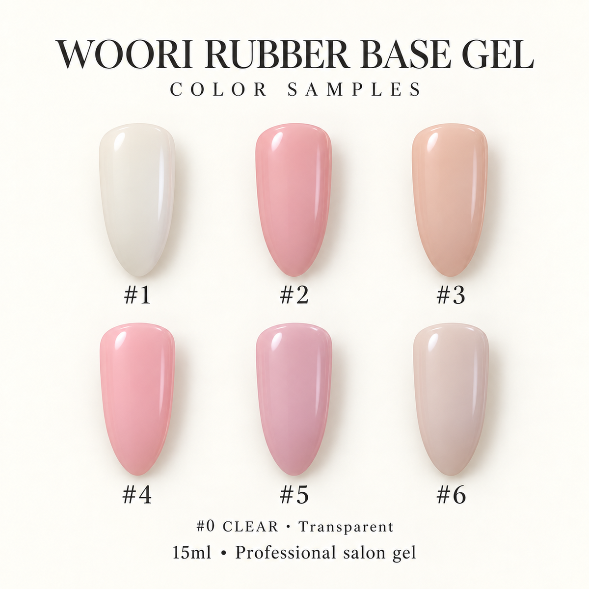 WOORI Rubber Base color samples #1–#6; #0 Clear; 15ml per bottle