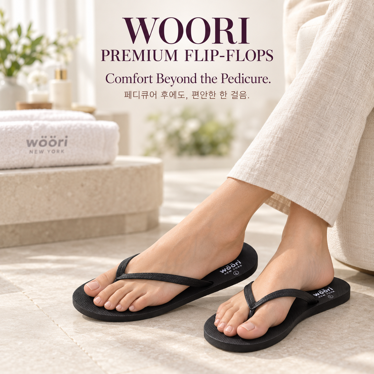 Woori black flip-flops styled for post-pedicure wear