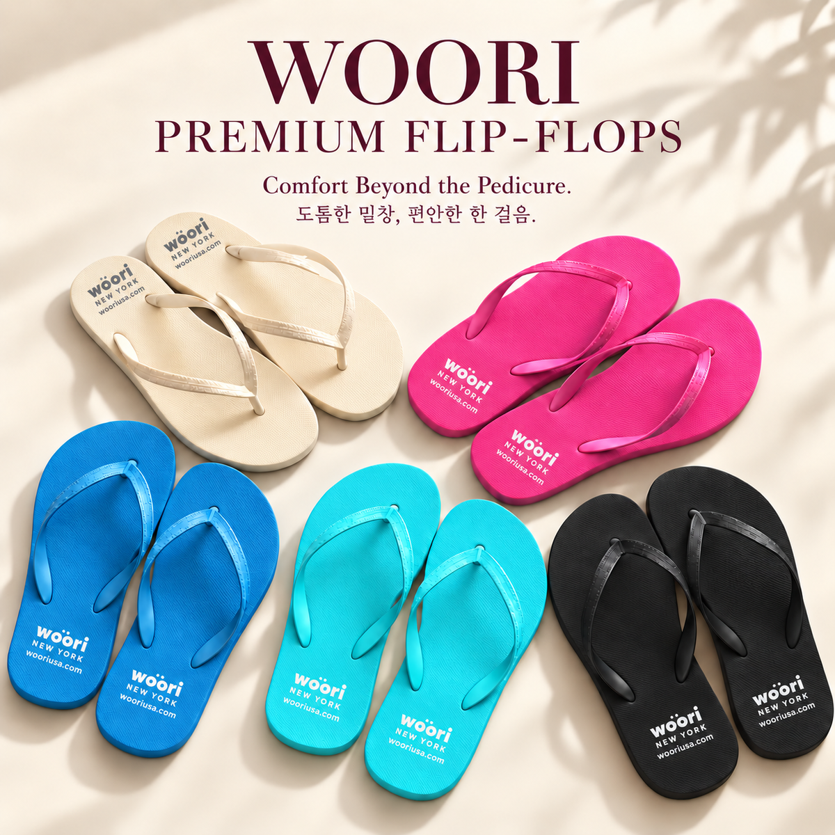 Woori premium flip-flops in five assorted colors