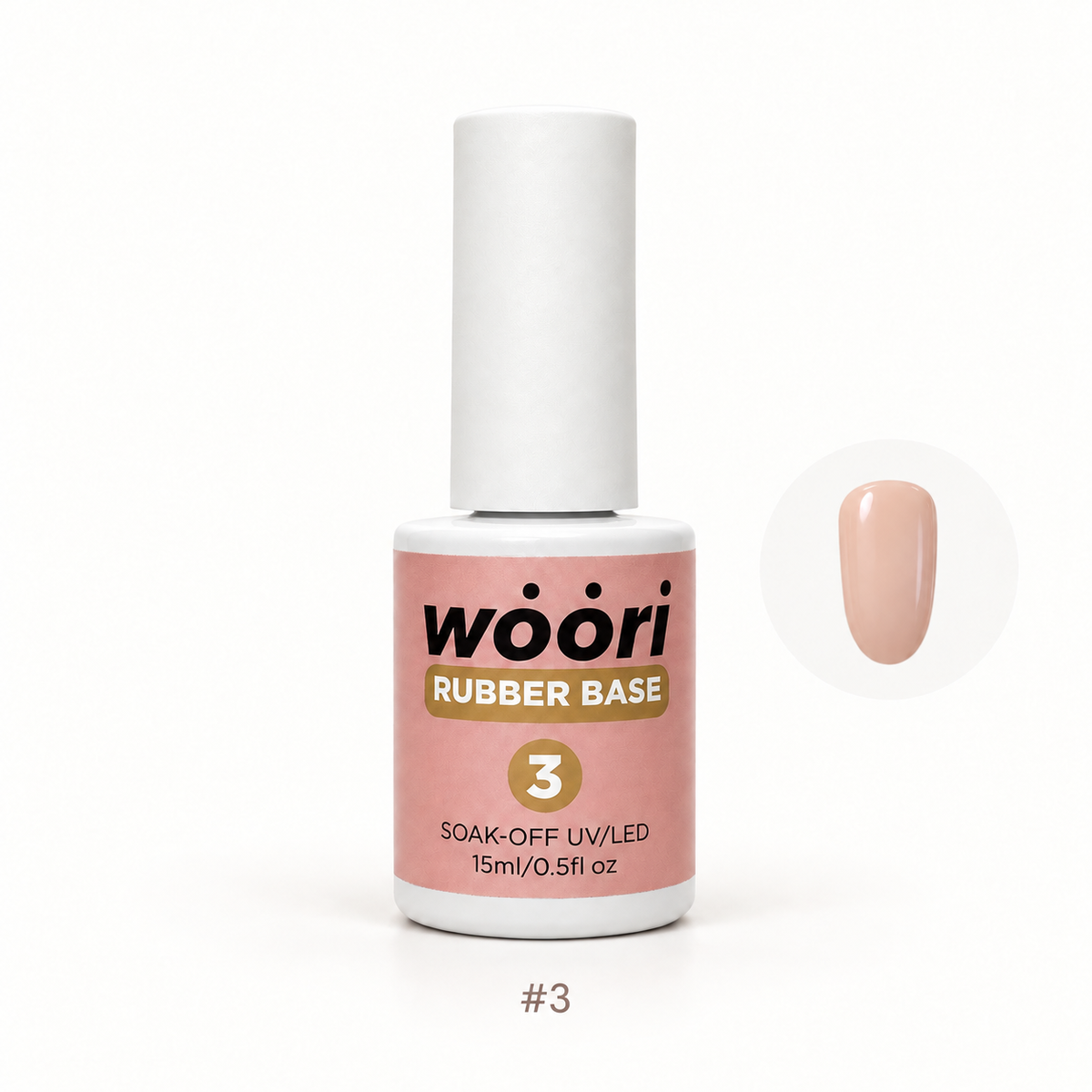 WOORI Rubber Base Gel #3 — 15ml with retouched color sample