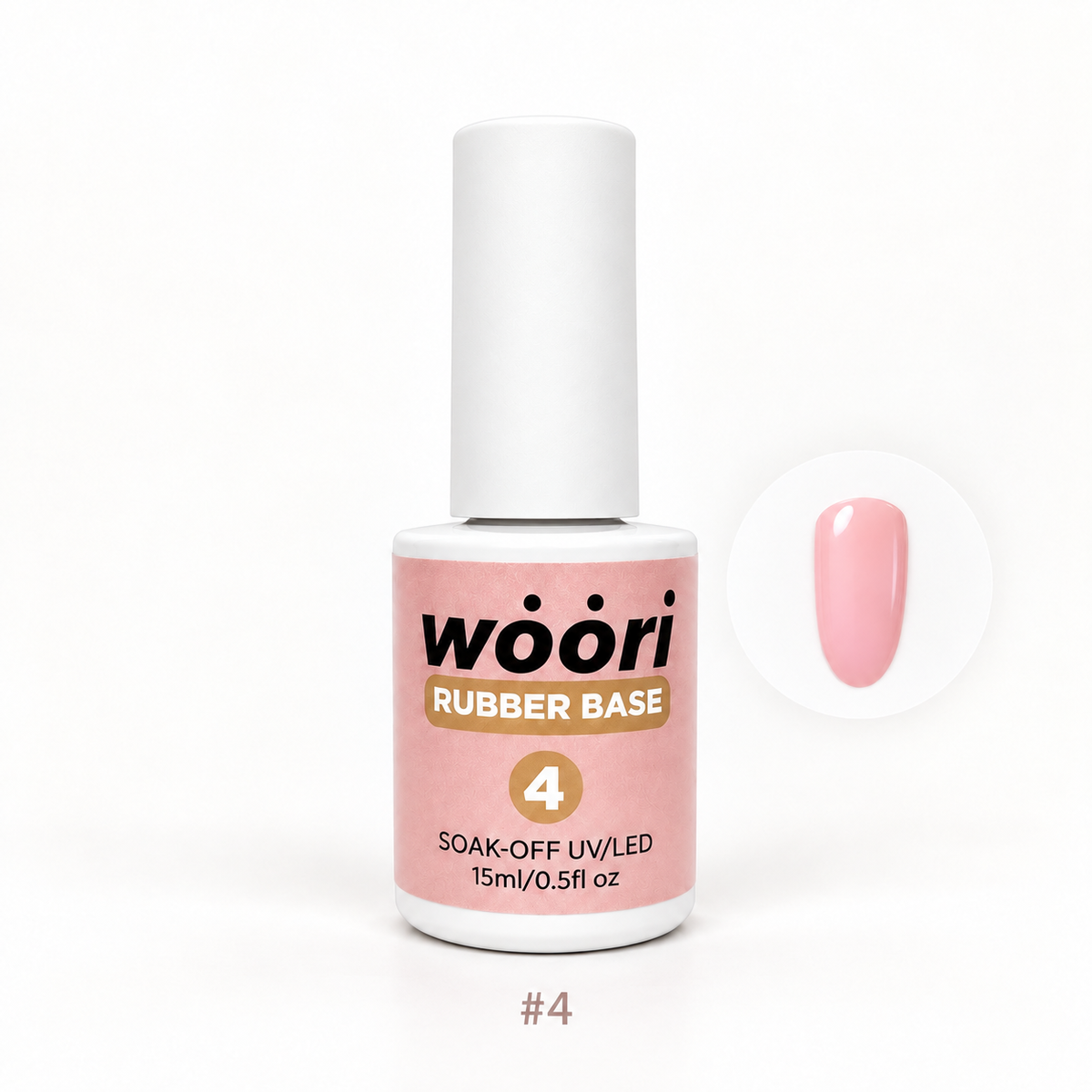 WOORI Rubber Base Gel #4 — 15ml with retouched color sample