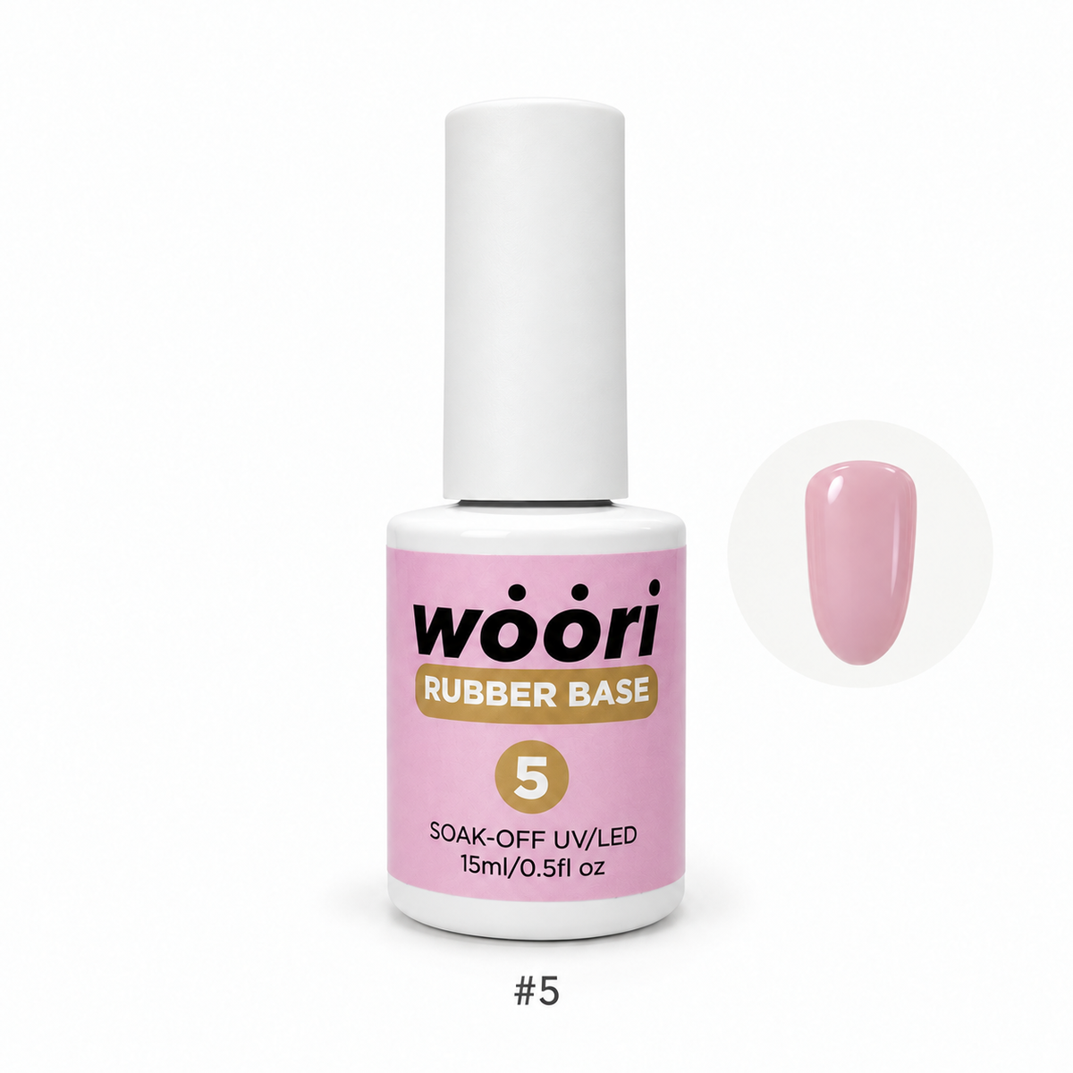 WOORI Rubber Base Gel #5 — 15ml with retouched color sample