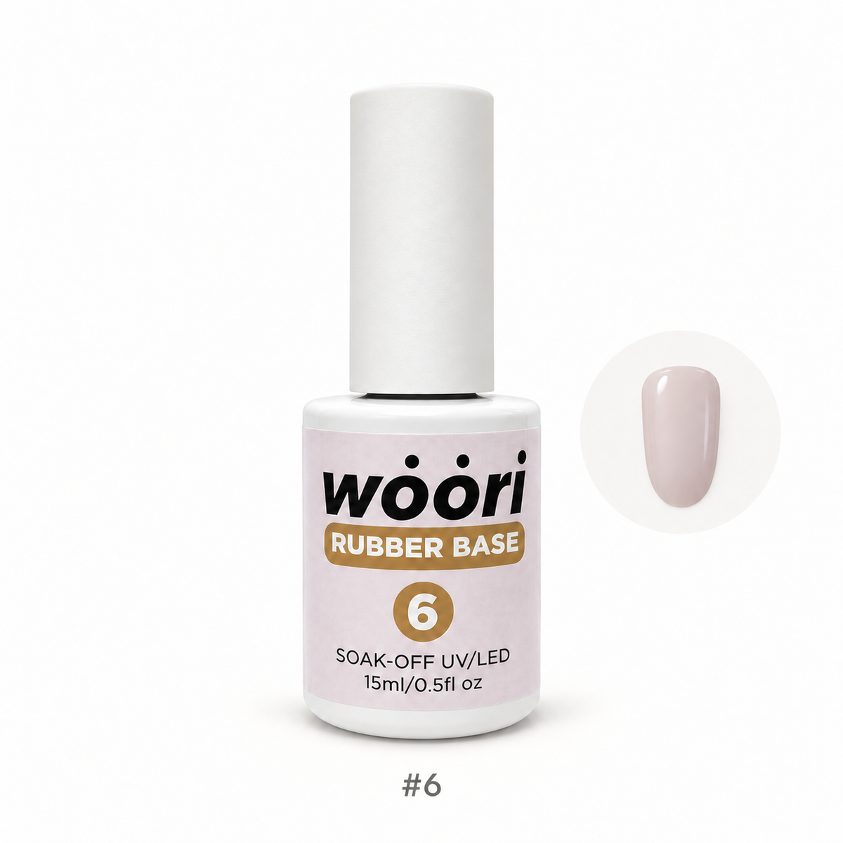 WOORI Rubber Base Gel #6 — 15ml with retouched color sample