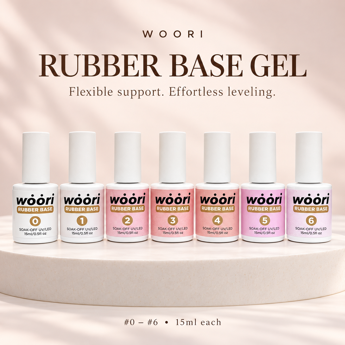 WOORI Rubber Base Gel — complete 7-piece set, #0–#6, 15ml each