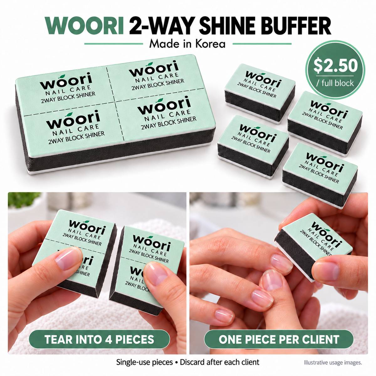 Woori 2-Way Shine Buffer — clean hand-separated black foam edges, thin white shine surface, made in Korea; $2.50 per full block.